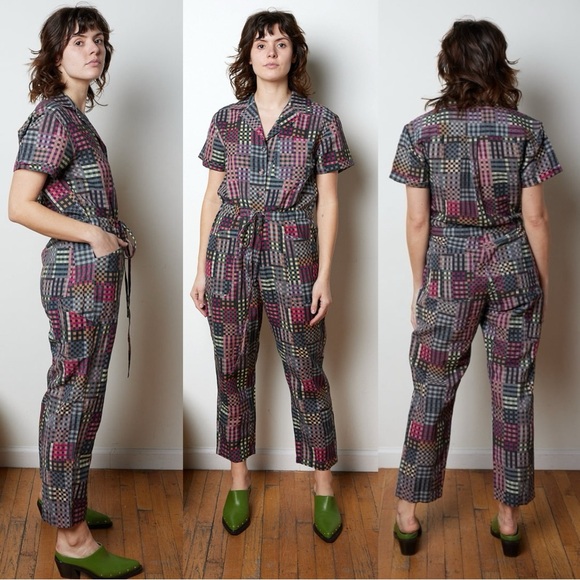 Rujuta Sheth Pants - Rujuta Sheth Patchwork Plaid Cargo Ray Jumpsuit in Night Rubix Size Medium